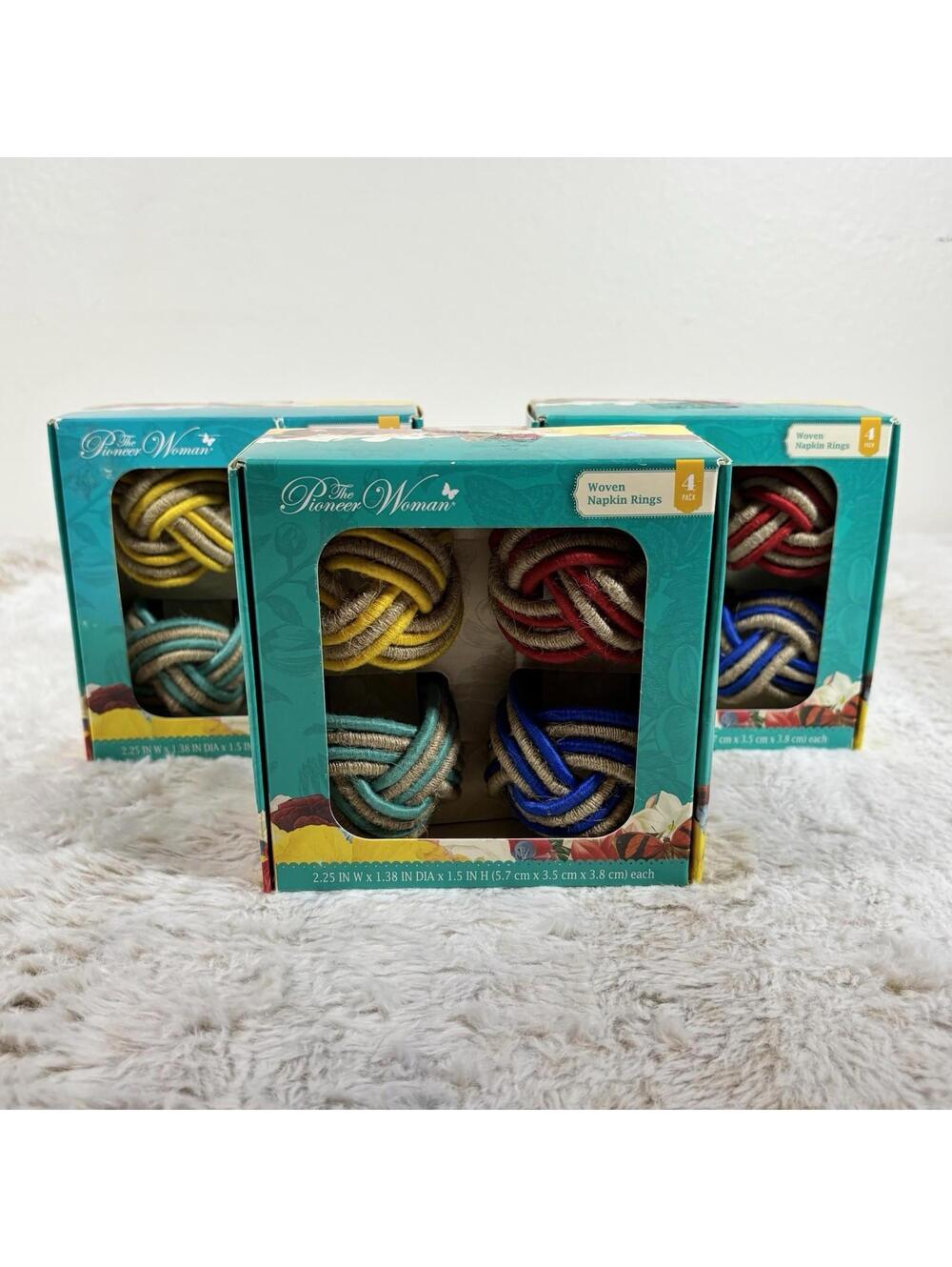 The Pioneer Woman Woven Napkin Rings 12pc (3 Boxes) Colorful Rope Knot NEW